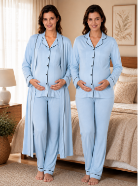 Effortt 8098 Mavi Uzun Kol Düğmeli Pamuklu Sabahlıklı Hamile Lohusa Pijama Takımı